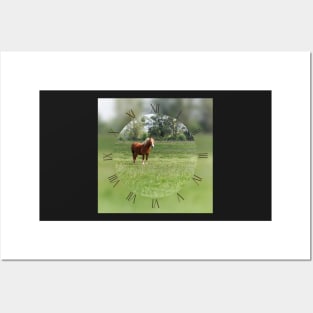 Lonely sorrel horse on green pasture Posters and Art